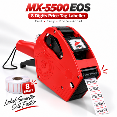MX-5500 EOS 8 Digits Price Tag Labeller – Manual Pricing Gun Machine with 21x12mm Labels & Ink Roller for Retail Store, Supershop & Business